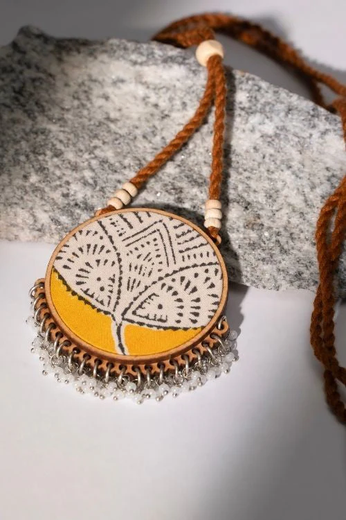 WHE Two In One Pink Yellow Repurposed Fabric And Wood Round Pendant - Image 14