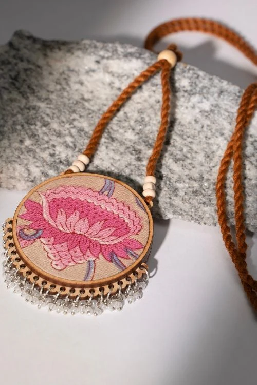 WHE Two In One Pink Yellow Repurposed Fabric And Wood Round Pendant - Image 6
