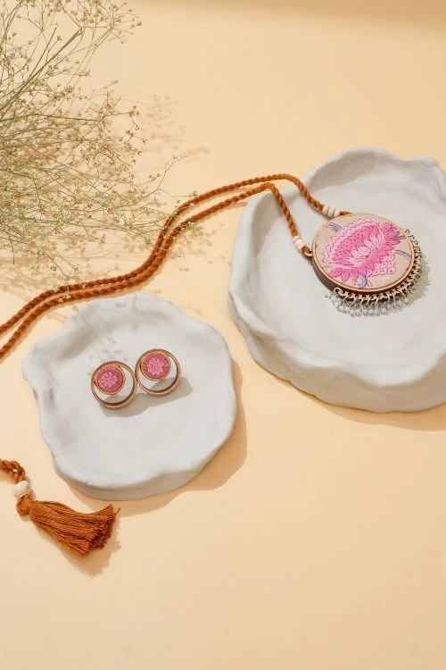 WHE Two In One Pink Yellow Repurposed Fabric And Wood Round Pendant - Image 9