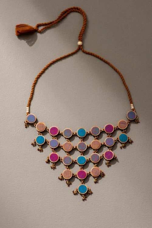 Whe Violet Multi Coloured Upcycled Fabric And Repurposed Wood Adjustable Statement Necklace - Image 3