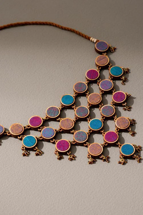 Whe Violet Multi Coloured Upcycled Fabric And Repurposed Wood Adjustable Statement Necklace - Image 4