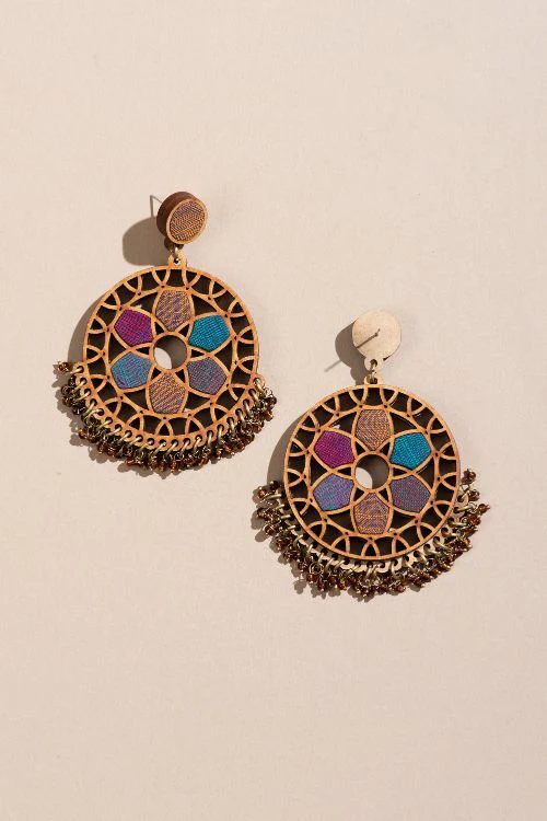 Whe Violet Wheel Upcycled Fabric And Repurposed Wood Earrings - Image 4
