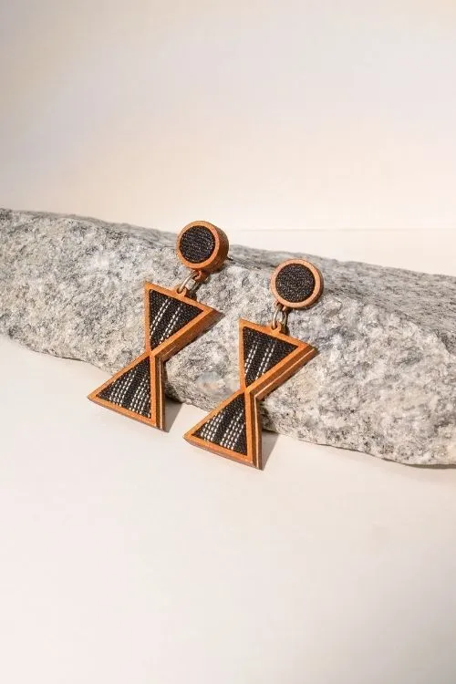 WHE Worli Inspired Black Repurposed Fabric And Wood Earrings - Image 2