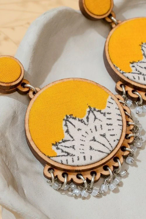 WHE Yellow Fabric And Repurposed Wood Round Danglers - Image 13