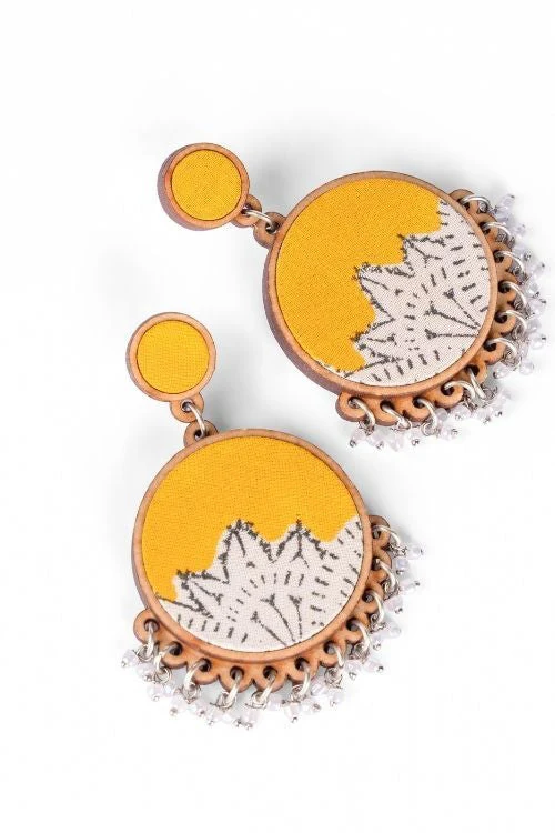 WHE Yellow Fabric And Repurposed Wood Round Danglers - Image 14