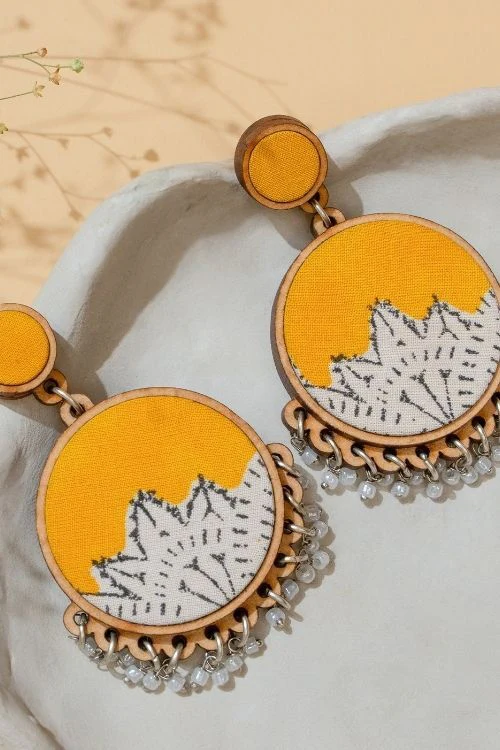 WHE Yellow Fabric And Repurposed Wood Round Danglers - Image 2