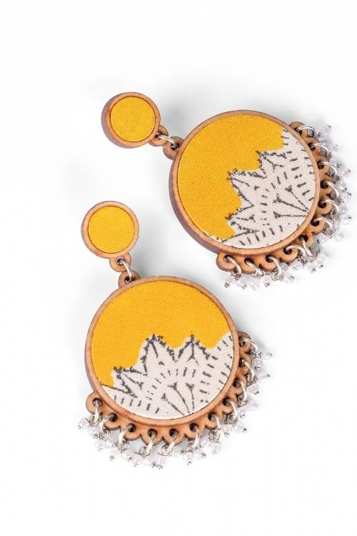 WHE Yellow Fabric And Repurposed Wood Round Danglers - Image 7