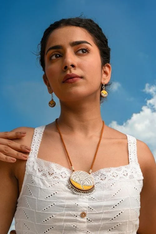 WHE Yellow Repurposed Fabric And Wood Danglers - Image 7