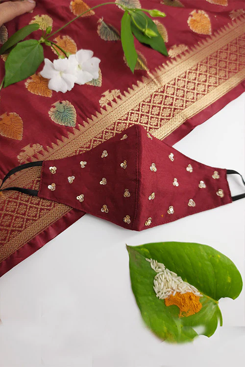 Whe Maroon Festive Hand-embroidered Mask