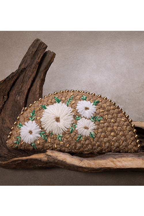 Dhaaga White Daisy Gold Half Moon Clutch Bag - Image 2