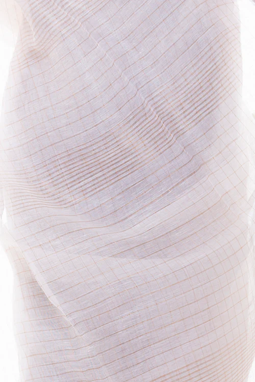 TICH Flowing & Graceful. Soft Handwoven Bengal Linen Checked Saree - White & Gold - Image 8
