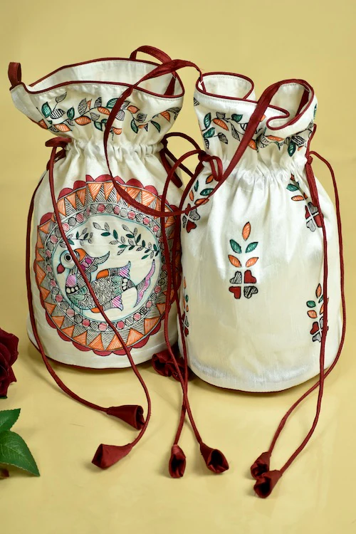 Diorama Designs White Silk Handpainted Madhubani Potli - Image 3