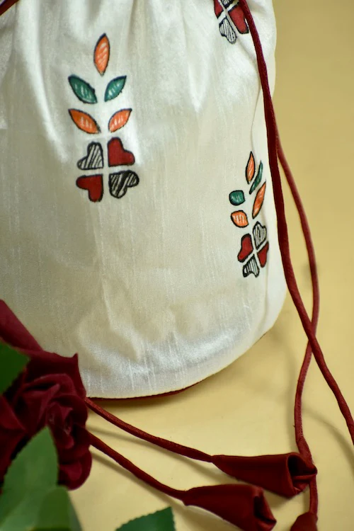 Diorama Designs White Silk Handpainted Madhubani Potli - Image 4