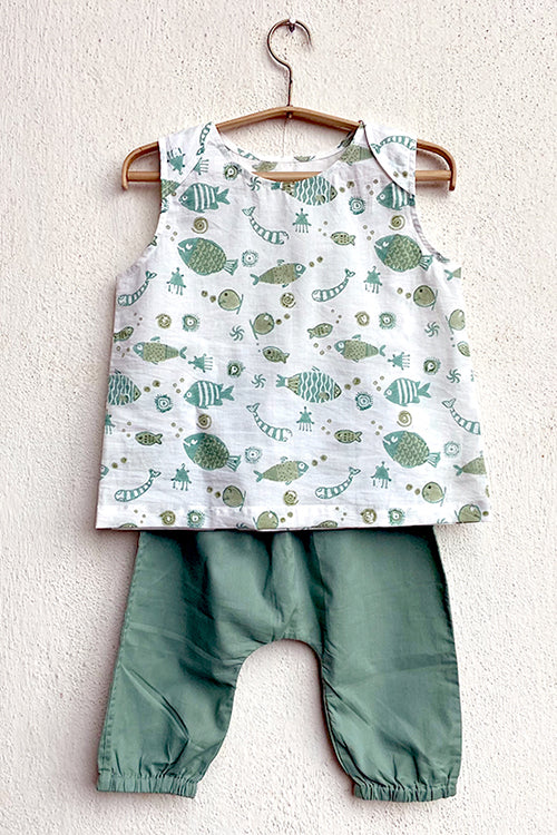 Whitewater Kids Unisex Organic Koi Mint Jhabla with Mint Pants - Image 3