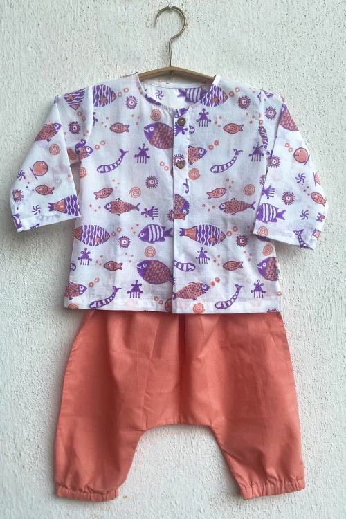 Whitewater Kids Unisex Organic Koi Peach Kurta Top With Pants - Image 3