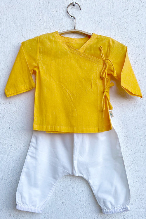 Whitewater Kids Unisex Organic Yellow Angrakha Top With White Pants - Image 2