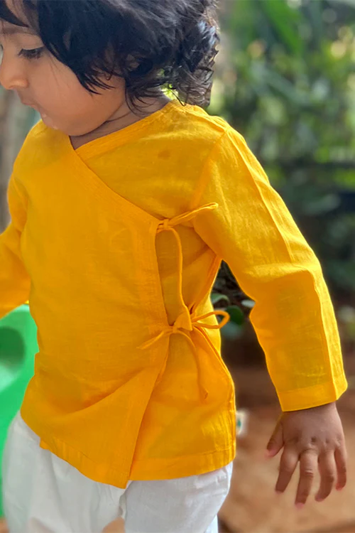 Whitewater Kids Unisex Organic Yellow Angrakha Top With White Pants - Image 3