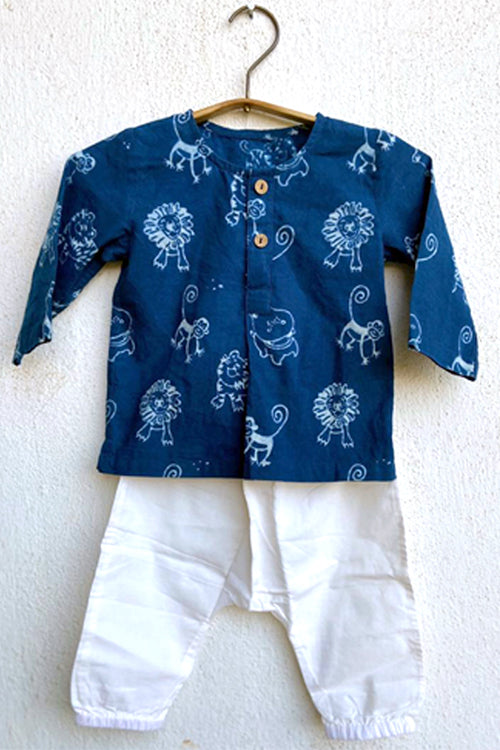 Whitewater Kids Unisex Organic Zoo Print Indigo Kurta Top With White Pants - Image 2