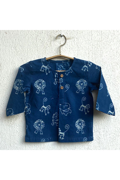 Whitewater Kids Unisex Organic Zoo Print Indigo Kurta Top With White Pants - Image 3