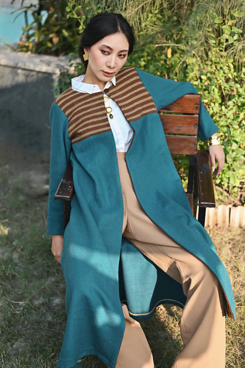 Rangsutra Handwoven Woolen Blue Front Open Jacket - Image 2