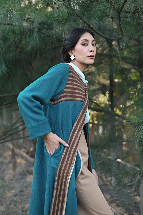 Rangsutra Handwoven Woolen Blue Front Open Jacket - Image 6