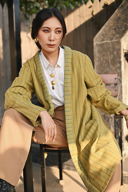 Rangsutra Handwoven Woolen Olive Full Sleeve Jacket - Image 4