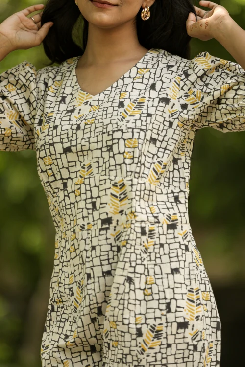 Sooti Syahi Yellow Black Bee Hand Block Printed Jumpsuit