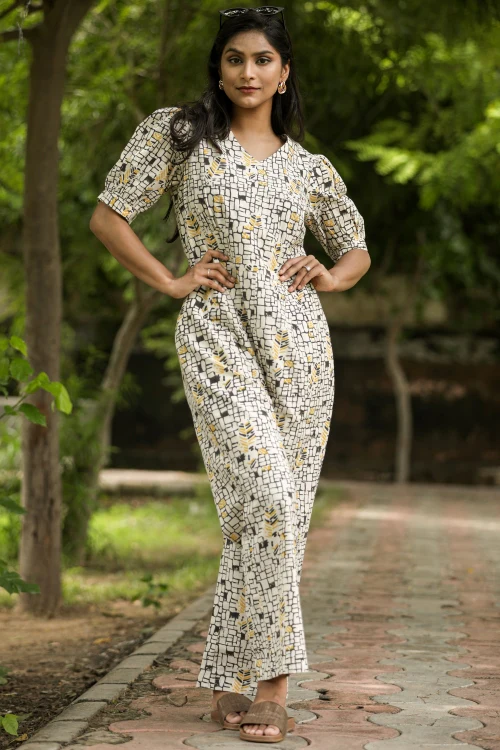 Sooti Syahi Yellow Black Bee Hand Block Printed Jumpsuit - Image 3