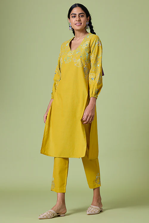 Okhai 'Yellow Daisy' Pure Cotton Hand Embroidered Mirror Work Kurta Pant Set - Image 3