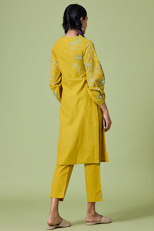 Okhai 'Yellow Daisy' Pure Cotton Hand Embroidered Mirror Work Kurta Pant Set - Image 4