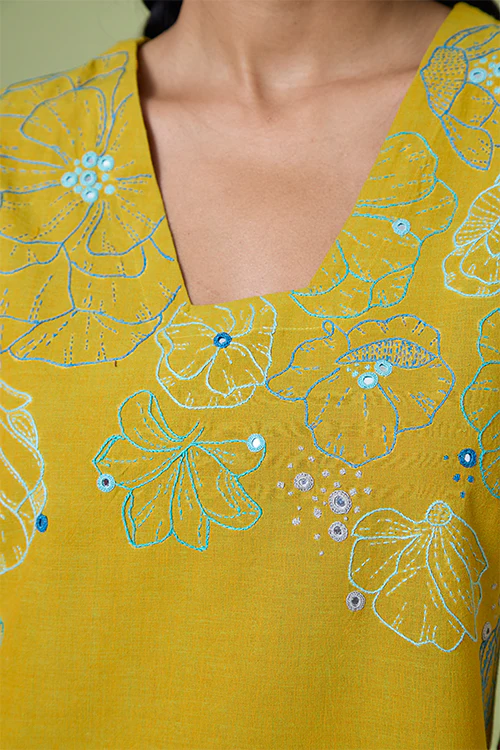 Okhai 'Yellow Daisy' Pure Cotton Hand Embroidered Mirror Work Kurta Pant Set - Image 5
