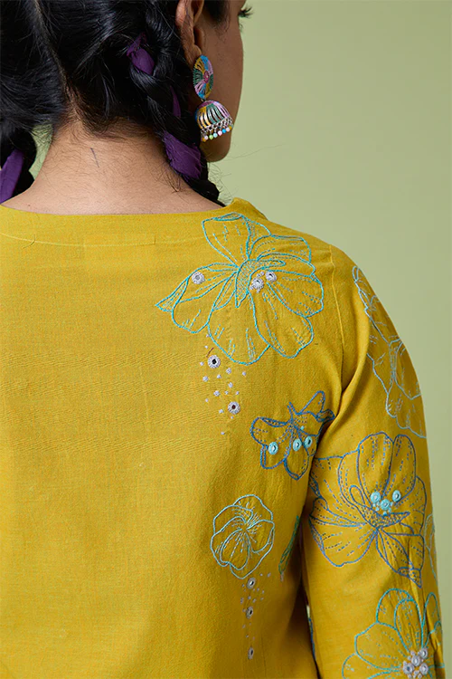 Okhai 'Yellow Daisy' Pure Cotton Hand Embroidered Mirror Work Kurta Pant Set - Image 6
