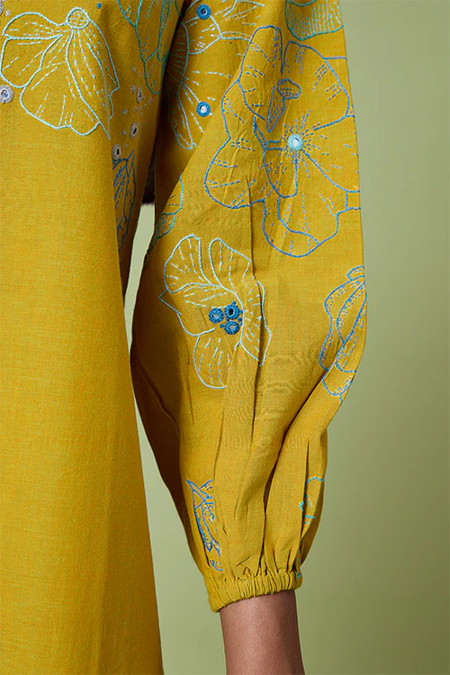 Okhai 'Yellow Daisy' Pure Cotton Hand Embroidered Mirror Work Kurta Pant Set - Image 7