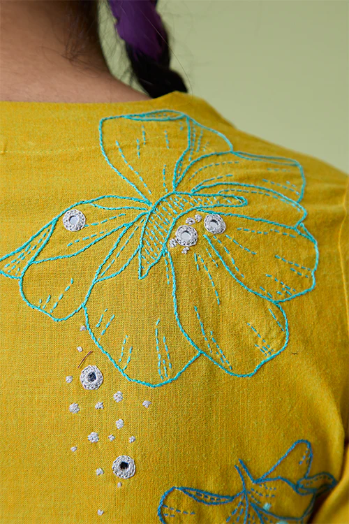Okhai 'Yellow Daisy' Pure Cotton Hand Embroidered Mirror Work Kurta Pant Set - Image 8