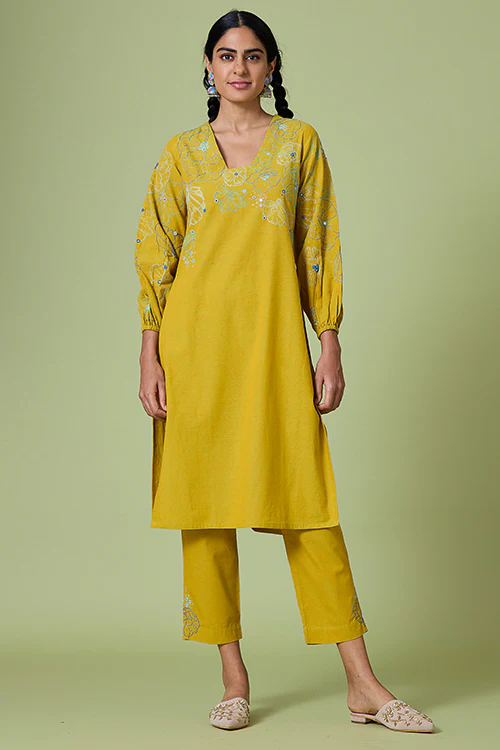 Okhai 'Yellow Daisy' Pure Cotton Hand Embroidered Mirror Work Kurta Pant Set - Image 9