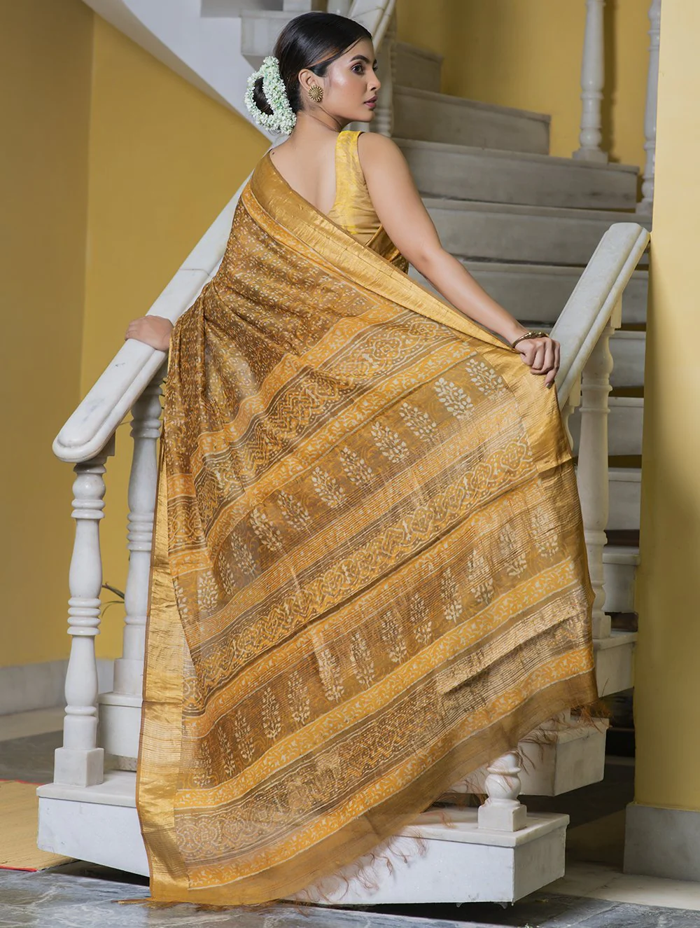 TICH Festive & Exclusive Tassar Silk Bagru Saree (With Blouse Piece) - Yellow, Mustard & Dull Gold - Image 4